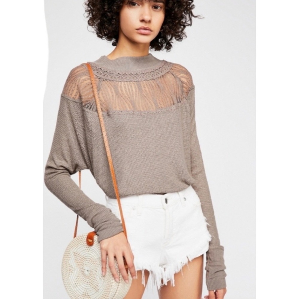Free People Waffle Knit Thermal Top Taupe Brown Lace Yoke Crochet Oversized M